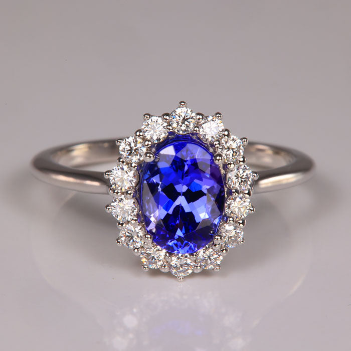 14K White Gold Tanzanite and Diamond Halo Ring 1.21 Carats