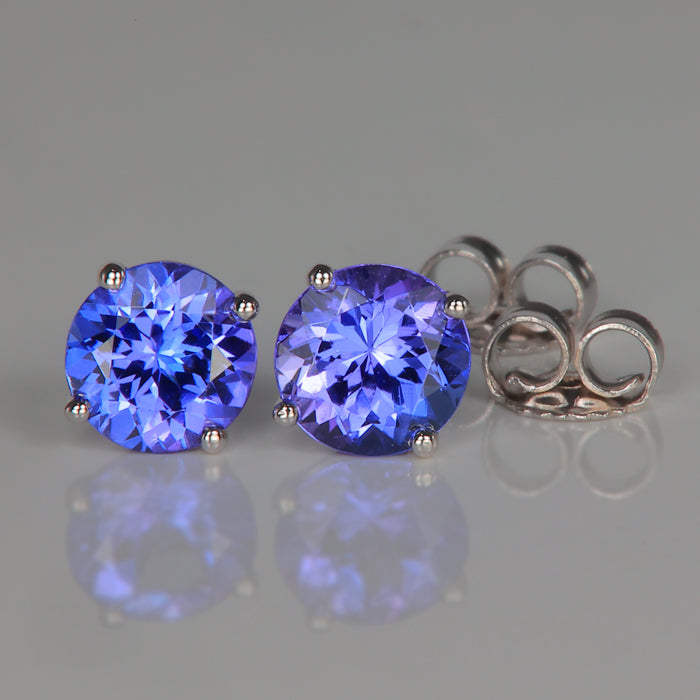 14K White Gold Round Brilliant Tanzanite Stud Earrings 1.63 Carats