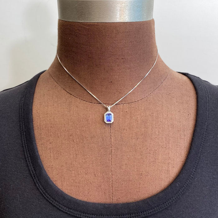 14K White Gold Emerald Cut Tanzanite and Diamond Pendant 1.68 Carats