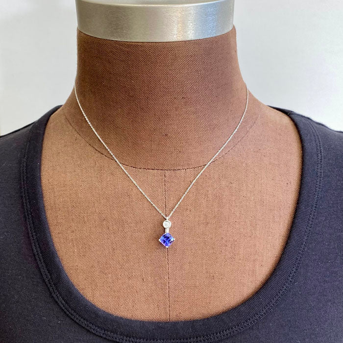 14K White Gold Square Cushion Tanzanite Pendant with Diamond Accent 2.15 Carats