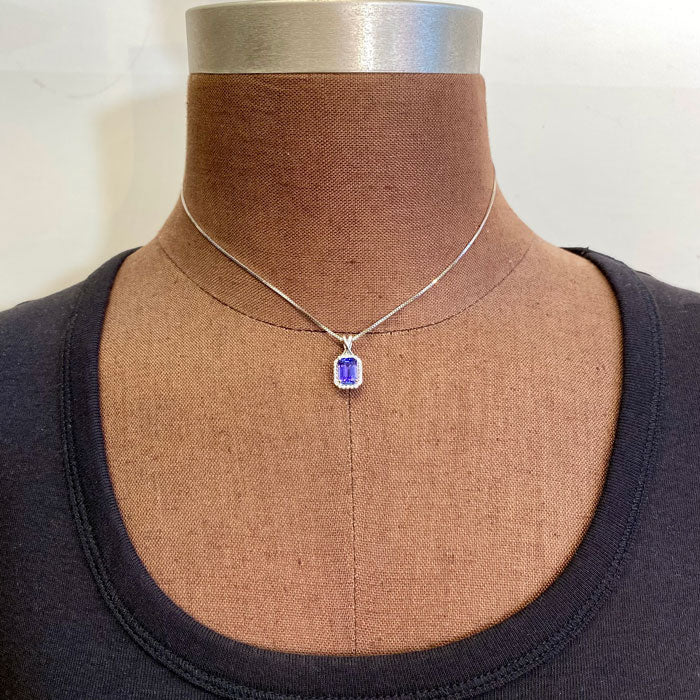 14K White Gold 2.30 Carat Emerald Cut Tanzanite And Diamond Pendant