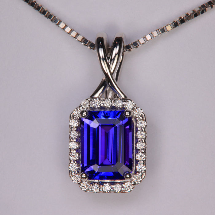 14K White Gold 2.30 Carat Emerald Cut Tanzanite And Diamond Pendant