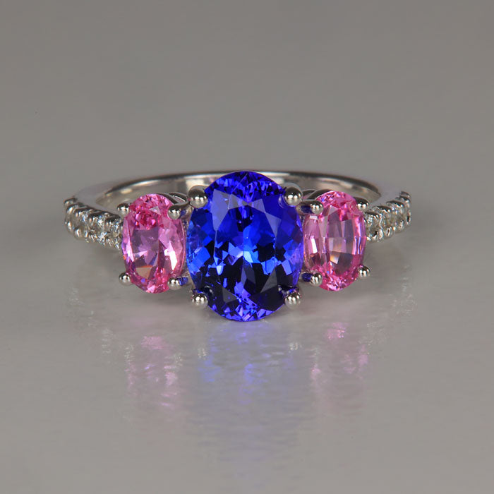 14K White Gold Oval Tanzanite Sapphire and Diamond Ring 2.36 Carats