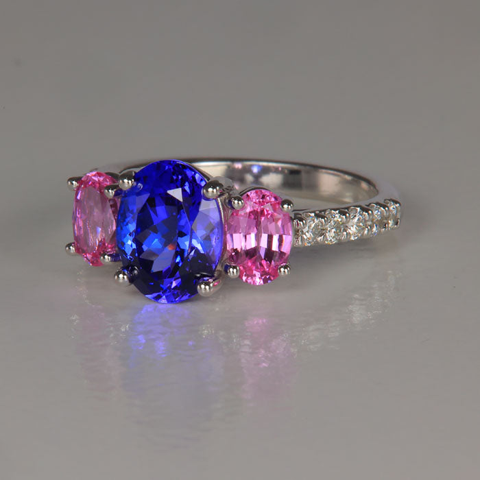 14K White Gold Oval Tanzanite Sapphire and Diamond Ring 2.36 Carats