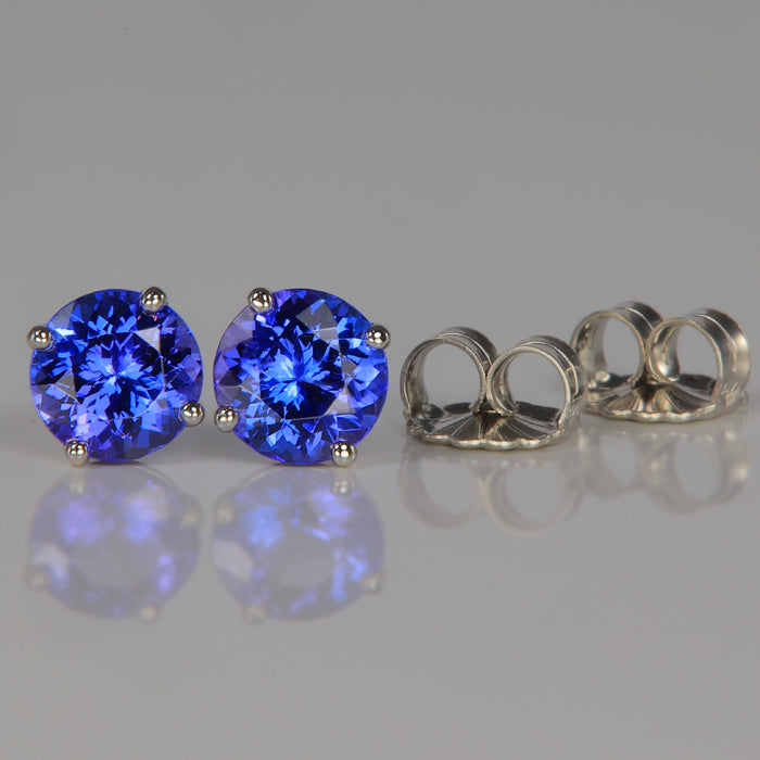 14K White Gold Round Brilliant Tanzanite Stud Earrings 2.57 Carats