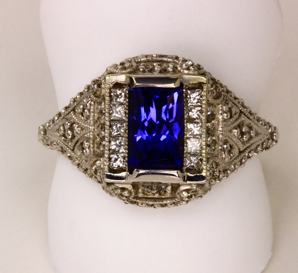 Antique Style Highly Detailed Ring with Emerald Cut Tanzanite