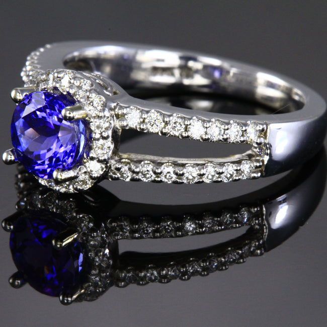 (Limited Time Price Reduction!) 14K White Gold Tanzanite Split Shank Halo Ring 1.19 Carats