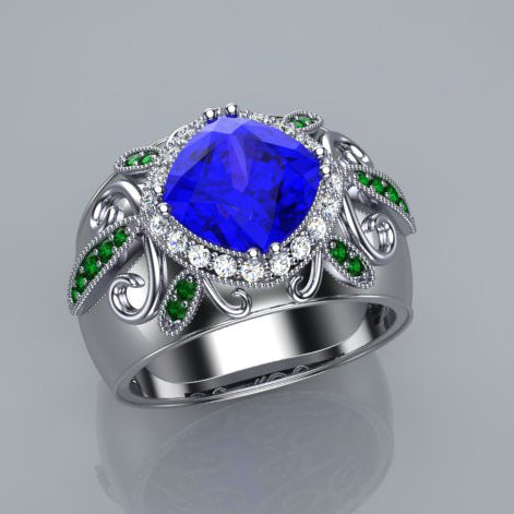 Tanzanite Ring With Diamond and Tsavorite Garnets