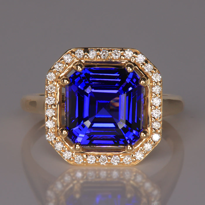 14K Yellow Gold 5.54 Carat Square Step Tanzanite and Diamond Ring