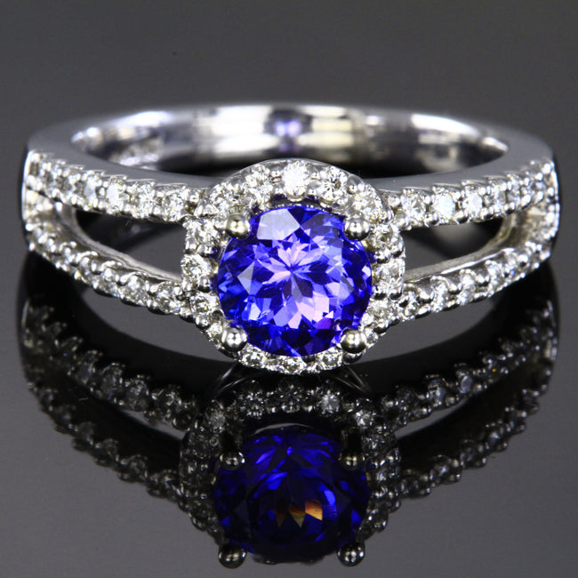 (Limited Time Price Reduction!) 14K White Gold Tanzanite Split Shank Halo Ring 1.19 Carats