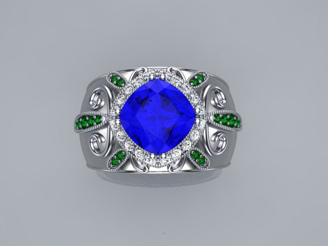 Tanzanite Ring With Diamond and Tsavorite Garnets