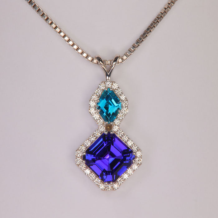 ON HOLD 14K White Gold Square Step Tanzanite and Blue Zircon Pendant 6.38 Carats