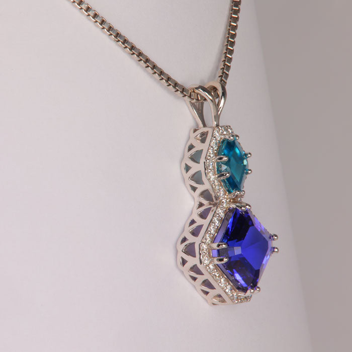 ON HOLD 14K White Gold Square Step Tanzanite and Blue Zircon Pendant 6.38 Carats