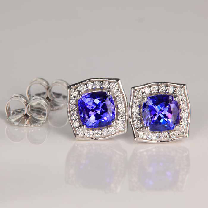 14K White Gold Square Cushion Tanzanite and Diamond Stud Earrings 2.46cts