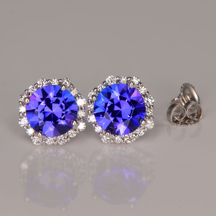 14K White Gold Diamond Halo Tanzanite Stud Earrings 3.61 Carats