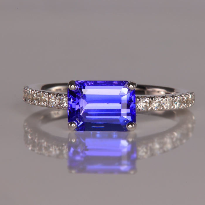 14K White Gold Emerald Cut Tanzanite Ring With Diamonds 2.07 Carats