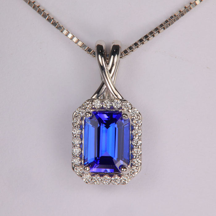 14K White Gold Emerald Cut Tanzanite and Diamond Pendant 1.68 Carats