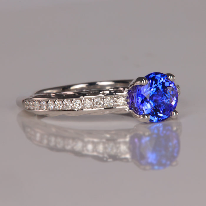 14K White Gold European Shank Tanzanite and Diamond Ring 1.34 Carats