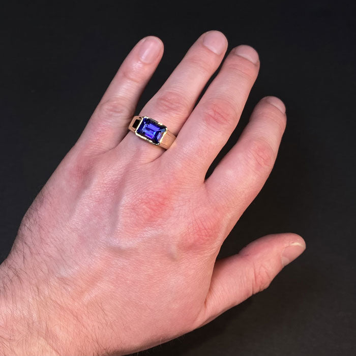 14K Yellow Gold Emerald Cut Tanzanite Gent’s Ring 6.04 Carats