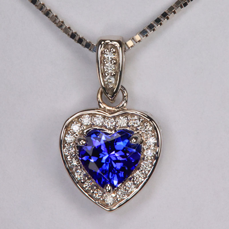 14K White Gold Heart Shape Brilliant Tanzanite and Diamond Pendant .70 Carats