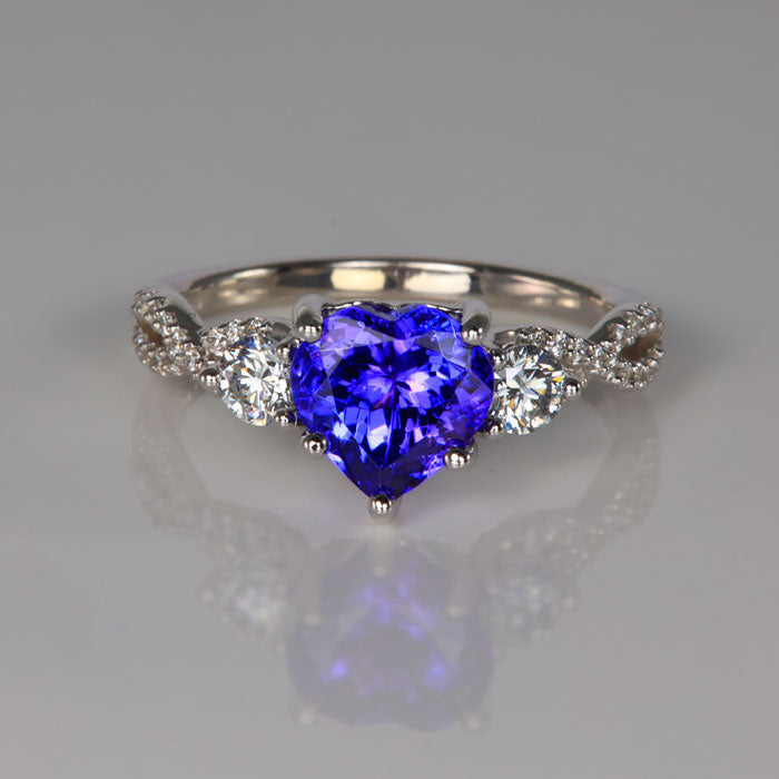 14K White Gold Heart Shape Brilliant Tanzanite and Diamond Ring 2.18 Carats