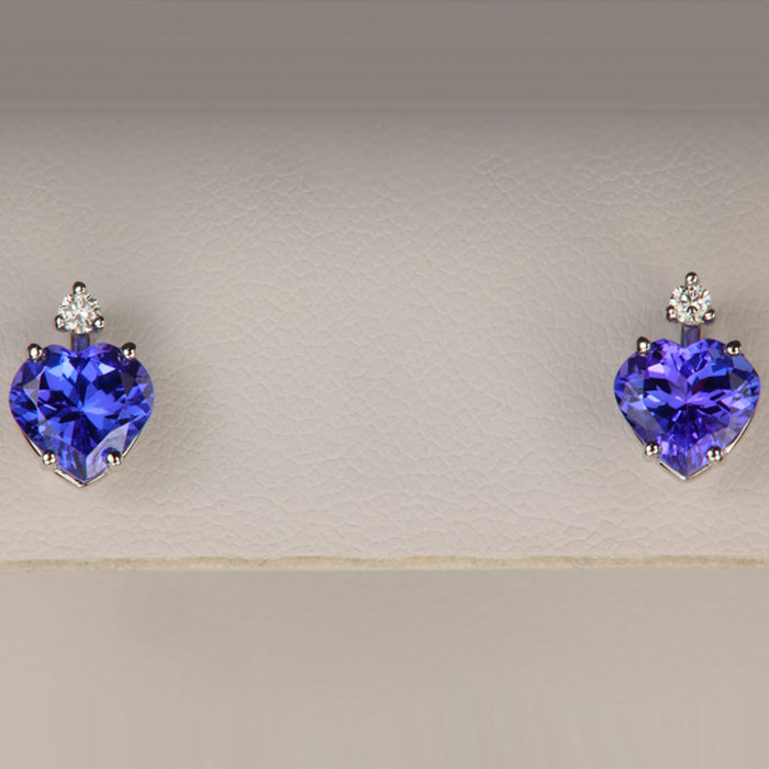 14K White Gold Heart Shape Brilliant Tanzanite and Diamond Stud Earrings 2.55 Carats