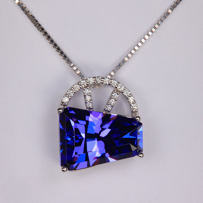 14K White Gold Keystone Tanzanite Pendant 8.71 Carats With Diamonds