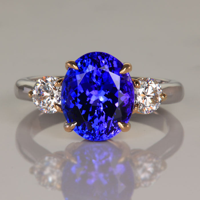 14K White and Yellow Gold Oval Tanzanite Ring with Diamonds 4.65 Carats