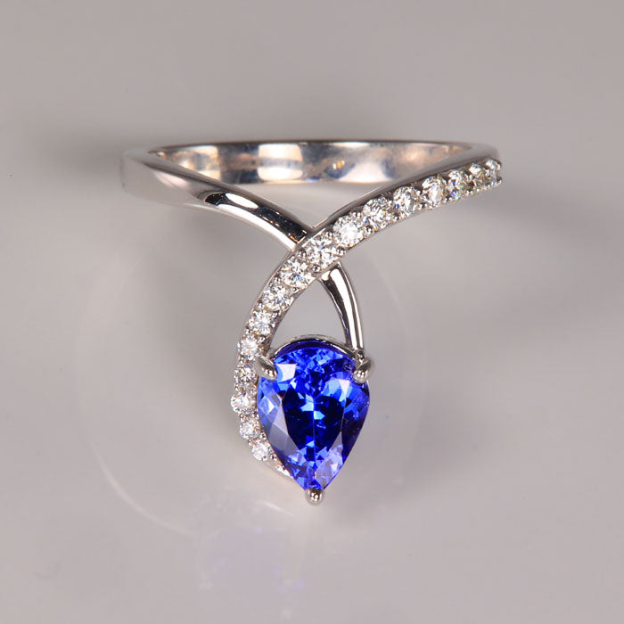 14K White Gold Pear Tanzanite and Diamond Ring by Steve Moriarty 1.27 Carats