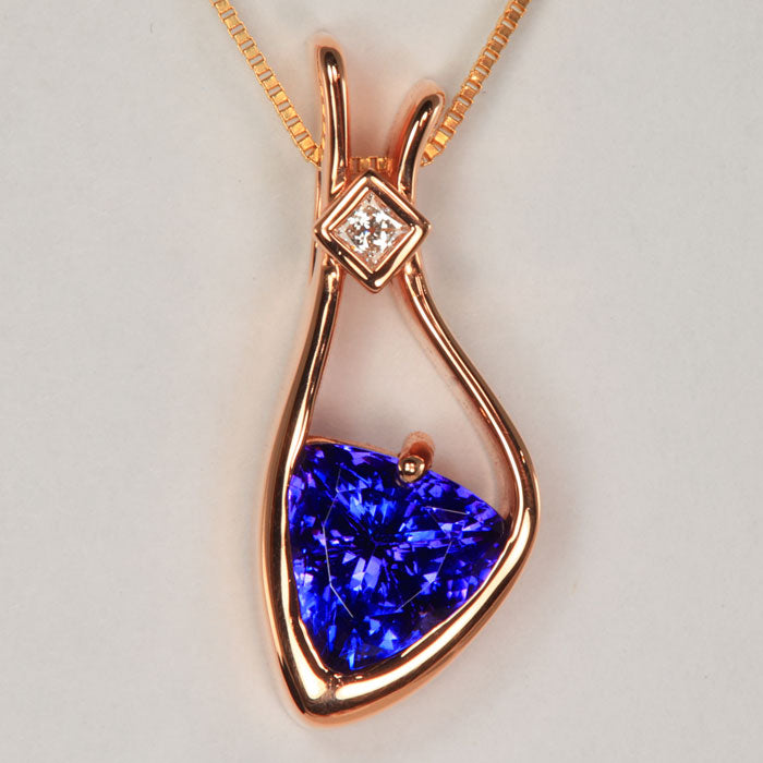 Trilliant Tanzanite Pendant Design by Christopher Michael in 14k Rose Gold 3.55ct