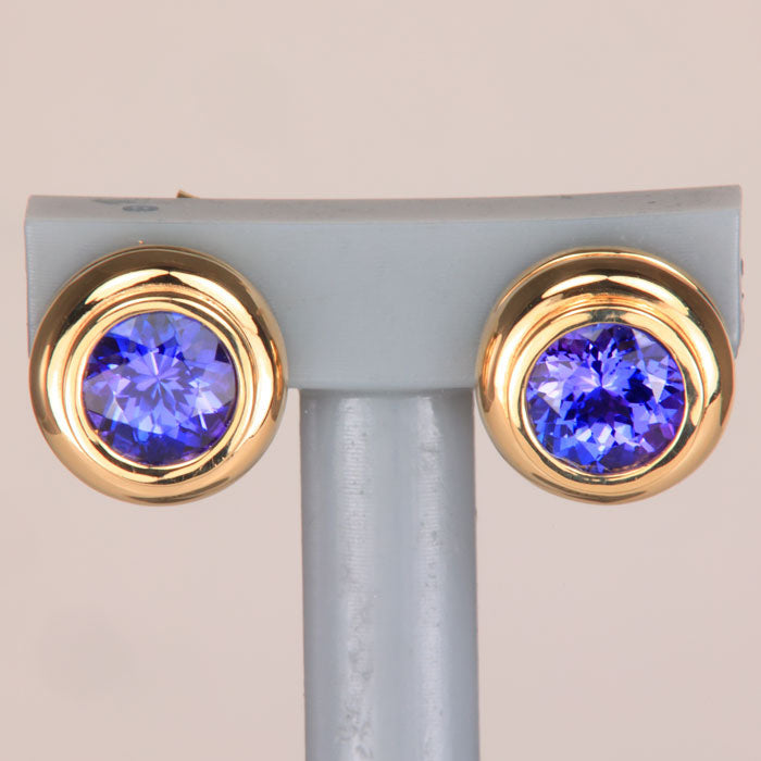 14k Yellow Gold Bezel Set Round Brilliant Tanzanite Stud Earrings 1.68 Carats