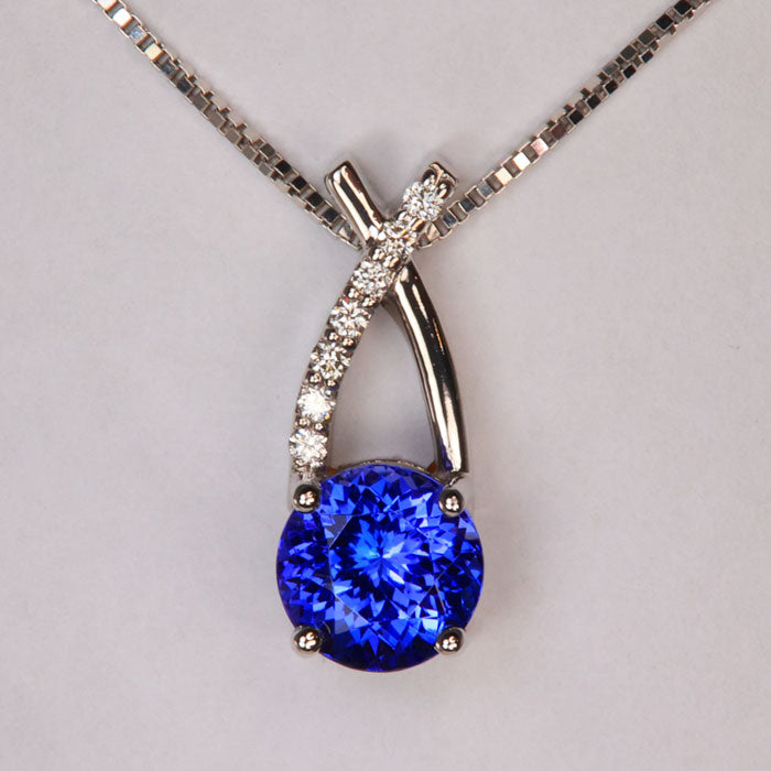 14K White Gold Round Brilliant Tanzanite and Diamond Pendant 2.65 Carats