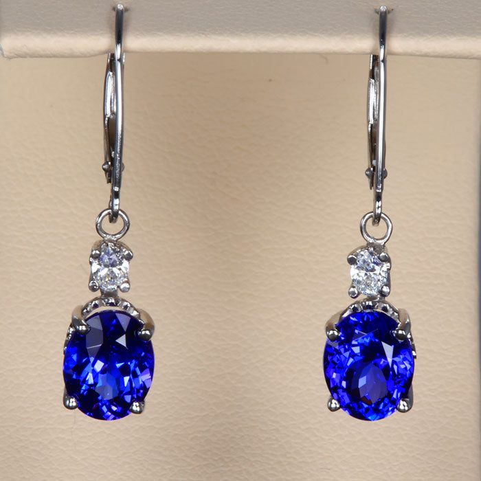 14k White Gold Lever Back Oval Tanzanite and Diamond Earrings 4.02 Carats