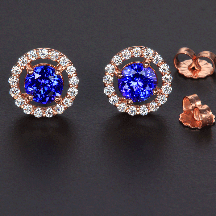 14K Rose Gold Tanzanite and Diamond Halo Earrings 1.78 Carats