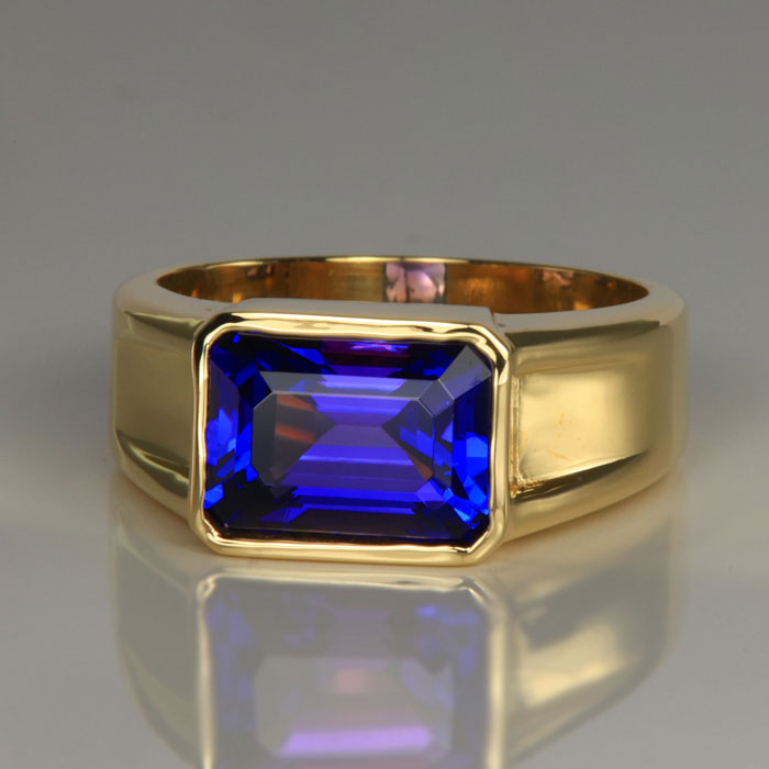 14K Yellow Gold Emerald Cut Tanzanite Gent’s Ring 6.04 Carats