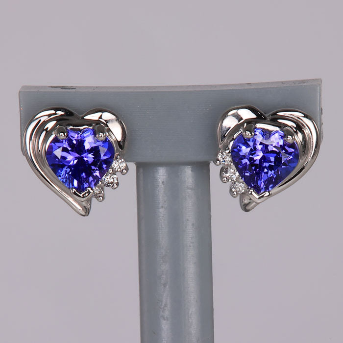 14K White Gold Heart Shape Tanzanite and Diamond Studs 1.72 Carats