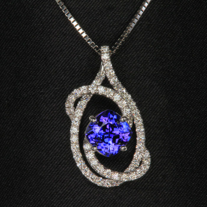 14K White Gold Tanzanite and Diamond Swirl Pendant 1.72 Carats