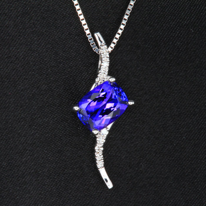 14k White Gold Antique Cushion Tanzanite and Diamond Pendant 2.22 Carats