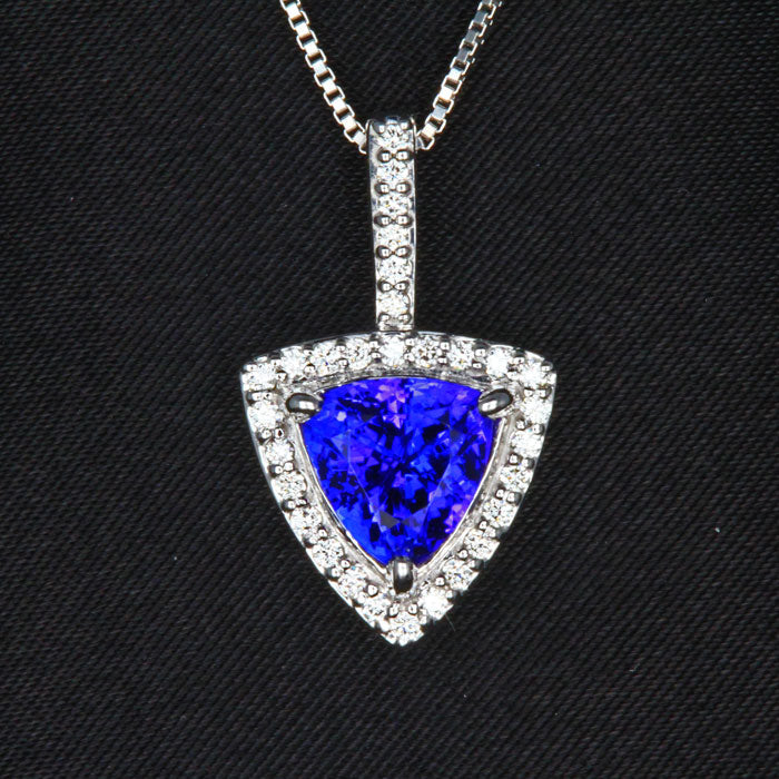 14K White Gold Trilliant Tanzanite Pendant with Diamond Halo 2.69 Carats