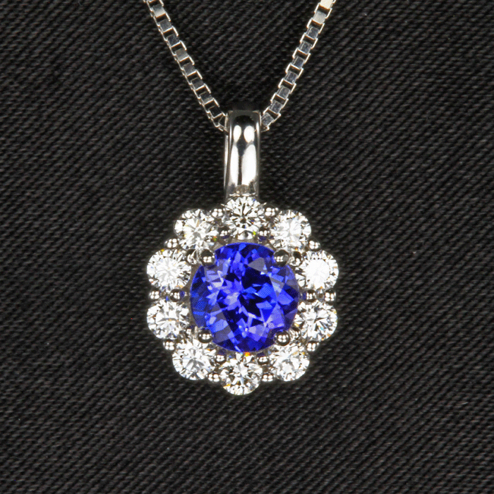 14K White Gold Round Tanzanite and Diamond Halo Pendant 1.02 Carats