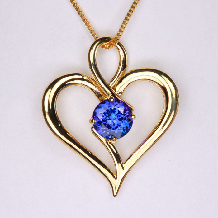 Yellow Gold Tanzanite Heart Pendant 1.66 Carats Round