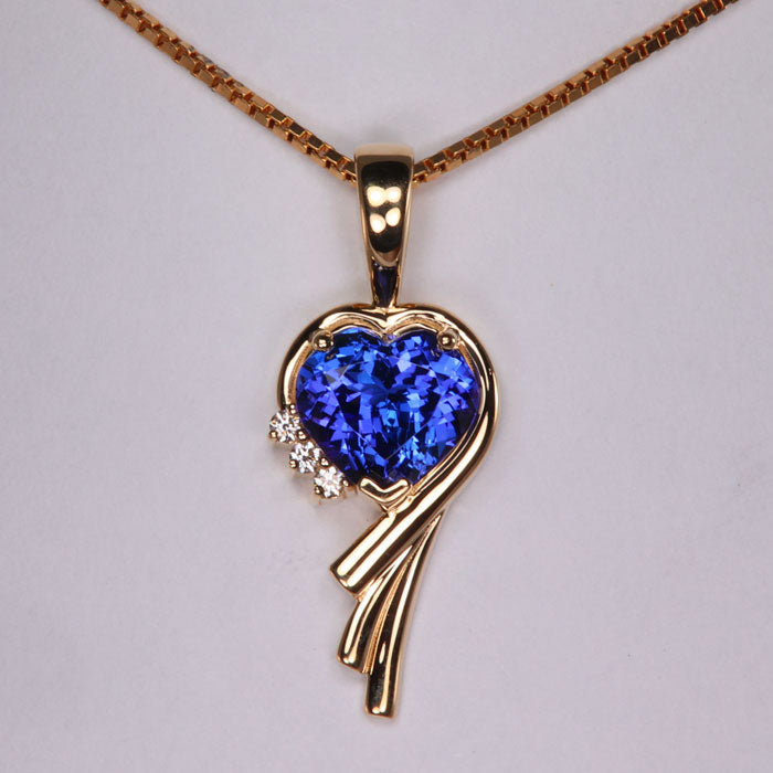 14K Yellow Gold Heart Shape Tanzanite Pendant and Earrings Trio