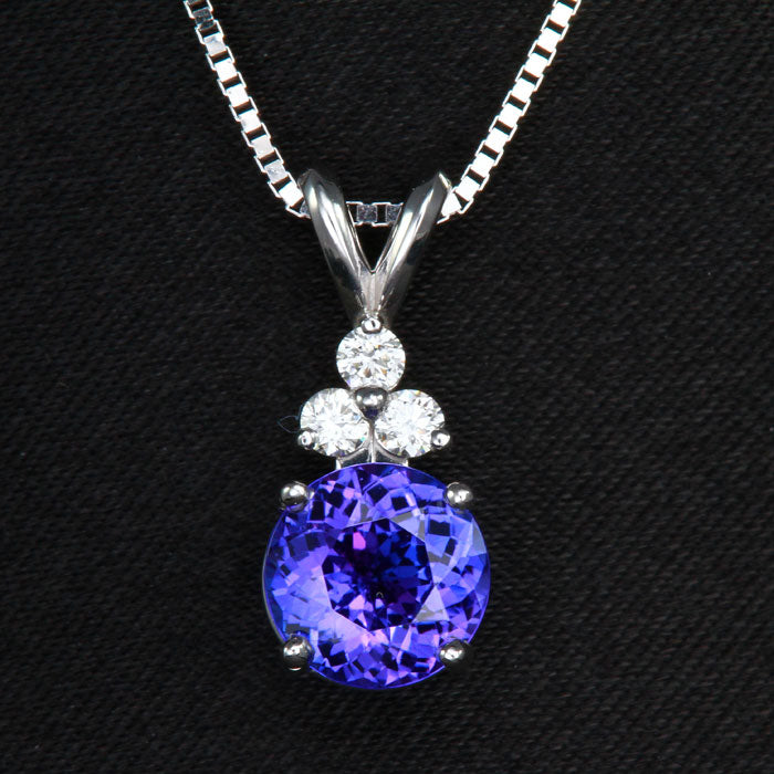 14K White Gold Round Tanzanite Pendant with Three Diamond