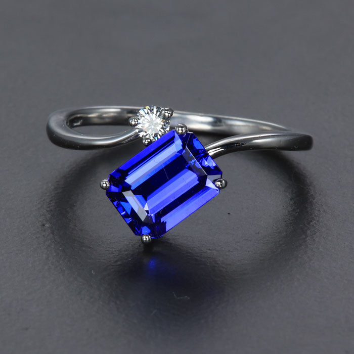 14K White Gold Emerald Cut Tanzanite and Diamond Ring 1.77 Carats