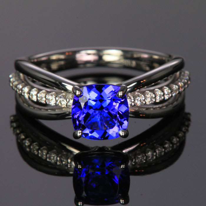 14K White Gold Square Cushion Tanzanite and Diamond Ring 1.83 Carats