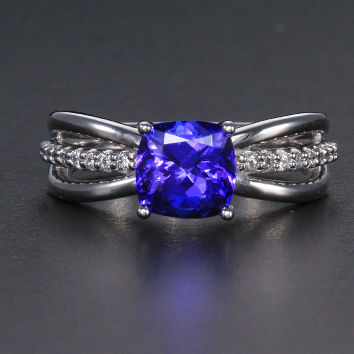 14k White Gold Square Cushion Tanzanite Ring with Diamond Accents 1.76 Carats