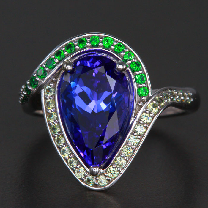 EXCLUSIVE SALE 25% OFF W/CODE 25OFF – 14k White Gold Pear Shape Tanzanite, Tsavorite and Demantoid Ring 3.73 Carats