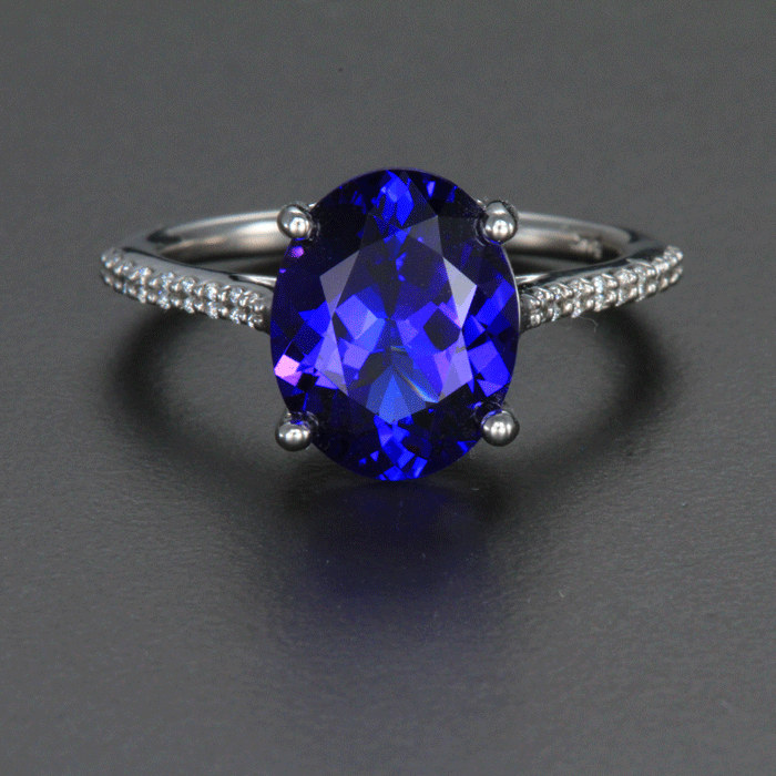 14k White Gold Oval Tanzanite Ring with Diamonds on the Shank 3.72 Carats