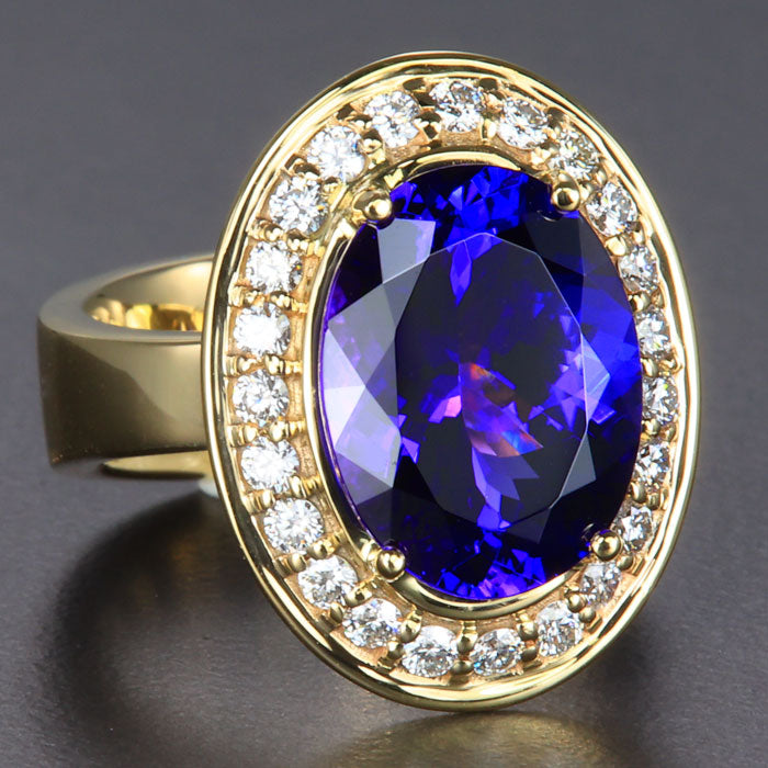 14K Yellow Gold Large Oval Tanzanite and Diamond Halo Ring 7.69 Carats