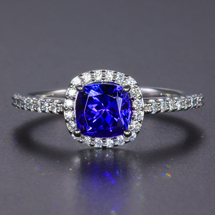 Platinum Square Cushion Tanzanite and Diamond Ring 1.26 Carats